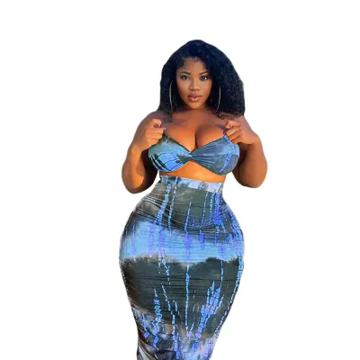 Women Edgy Sexy Color Blocking Crop Tube Top And High Waist Tie Dye Skirt Two Piece Set