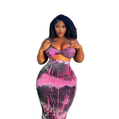 Women Edgy Sexy Color Blocking Crop Tube Top And High Waist Tie Dye Skirt Two Piece Set