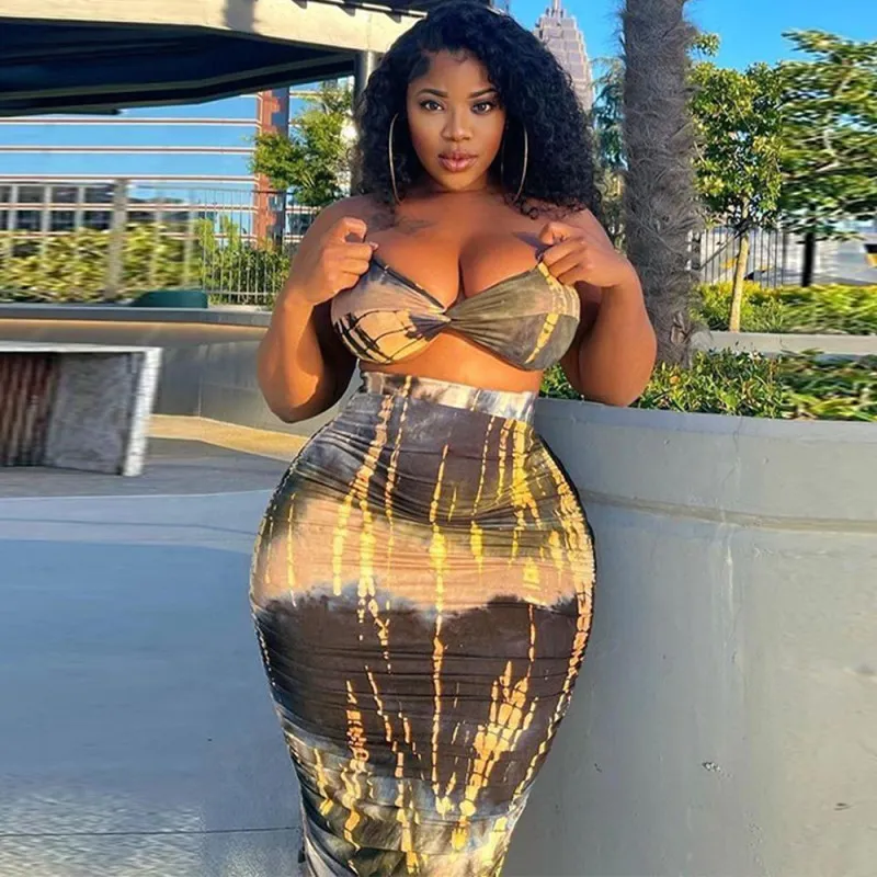 Women Edgy Sexy Color Blocking Crop Tube Top And High Waist Tie Dye Skirt Two Piece Set
