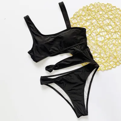 Women Sleeveless Solid Color Cut Out Bandage One Piece Swimsuit