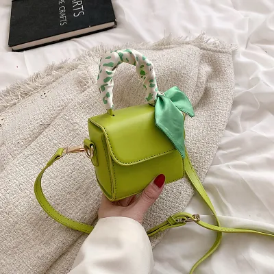 Women Fashion Flap Buckle Design Silk Scarf Decoration Solid Color Pu Crossbody Mini Bag