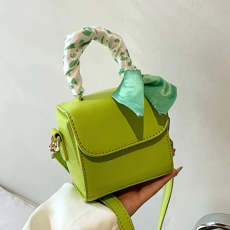 Women Fashion Flap Buckle Design Silk Scarf Decoration Solid Color Pu Crossbody Mini Bag