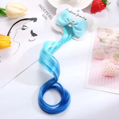 Cute Girl Gradient Color Bow Hair Clips Headdress Ponytail Colorful Wig Pigtail Elastic Kids Headwear