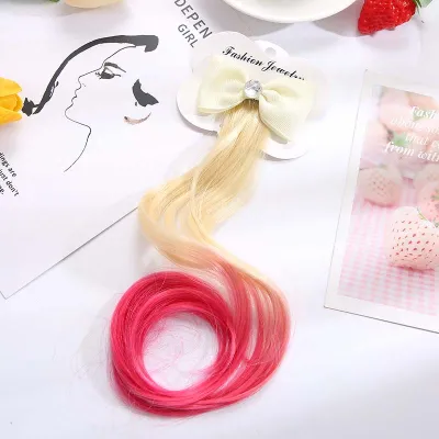 Cute Girl Gradient Color Bow Hair Clips Headdress Ponytail Colorful Wig Pigtail Elastic Kids Headwear