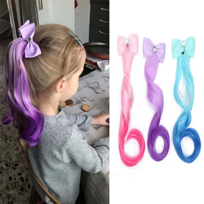 Cute Girl Gradient Color Bow Hair Clips Headdress Ponytail Colorful Wig Pigtail Elastic Kids Headwear