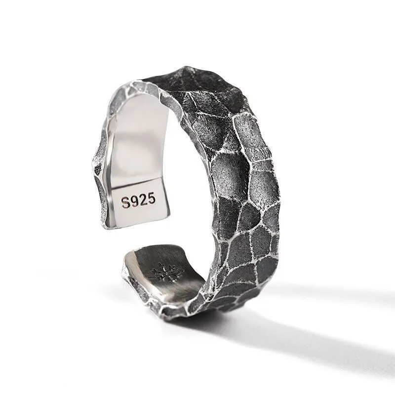 Men Unique Crack Design S925 Silver Ring Copper Geometric Wedding Band Trendy