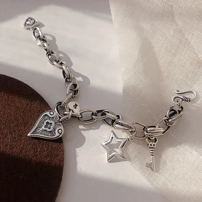 Women Punk Cross Heart And Pentagram Key Shaped 925 Silver Bracelet