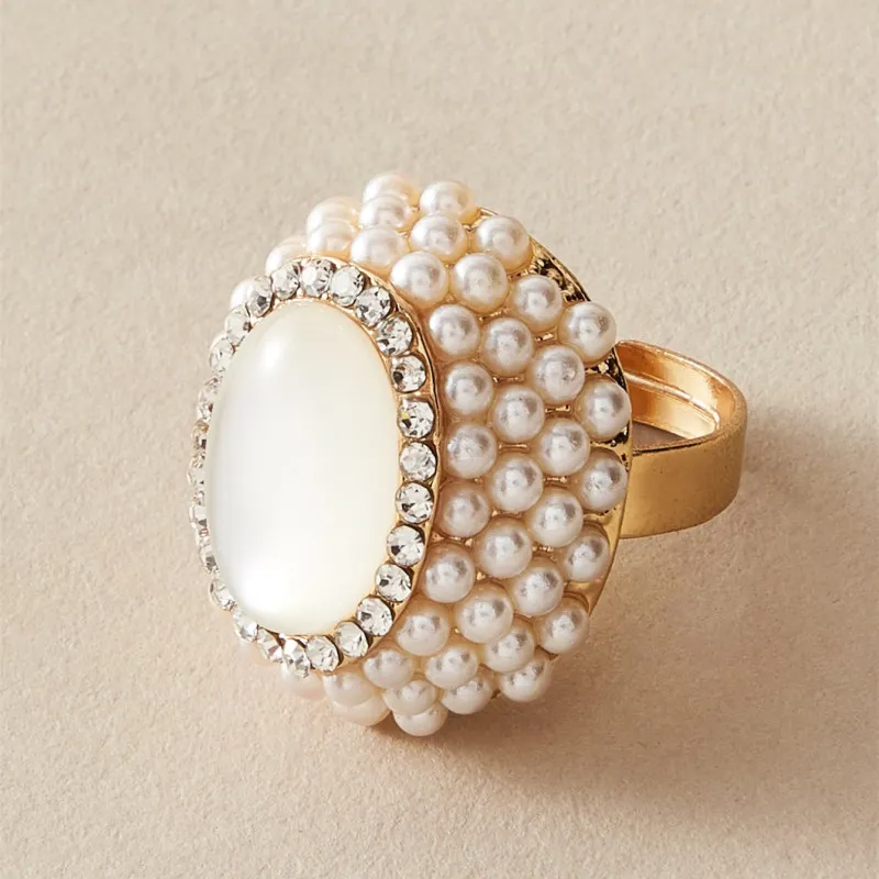 Women Elegant Imitation Pearl Open Adjustable Metal Flower Ring