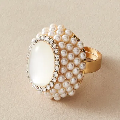 Women Elegant Imitation Pearl Open Adjustable Metal Flower Ring