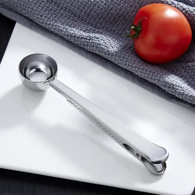Stainless Steel Coffee Spoon Milk Powder Spoon With Seal Clip Two-In-One Kitchen Tool
