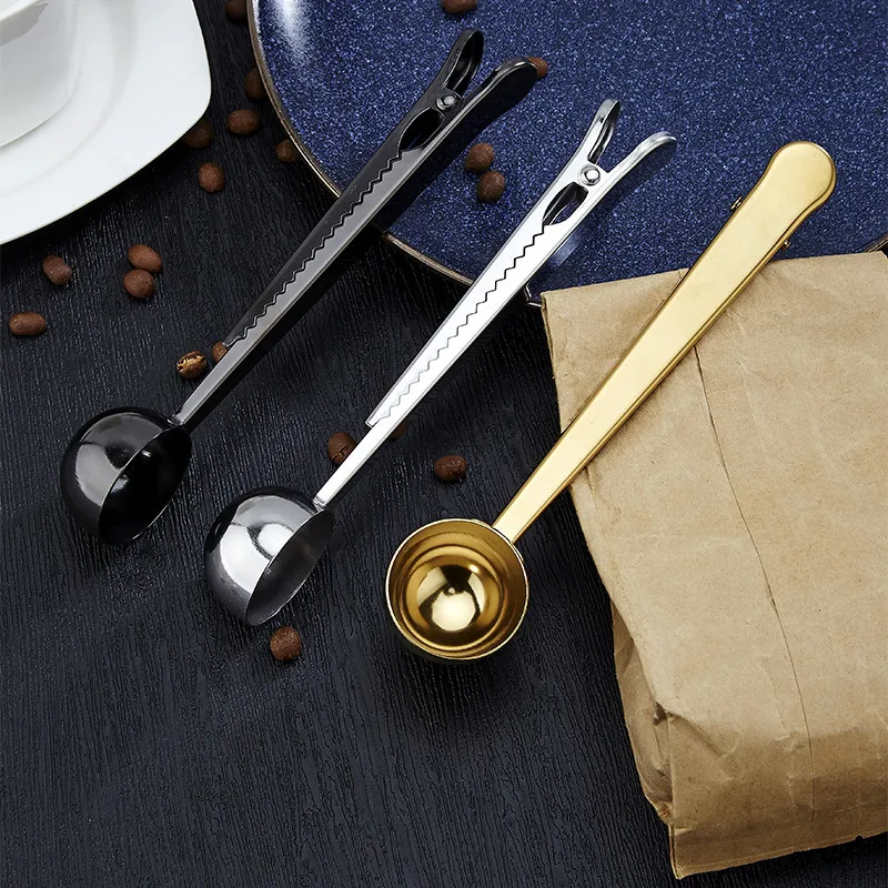 Stainless Steel Coffee Spoon Milk Powder Spoon With Seal Clip Two-In-One Kitchen Tool