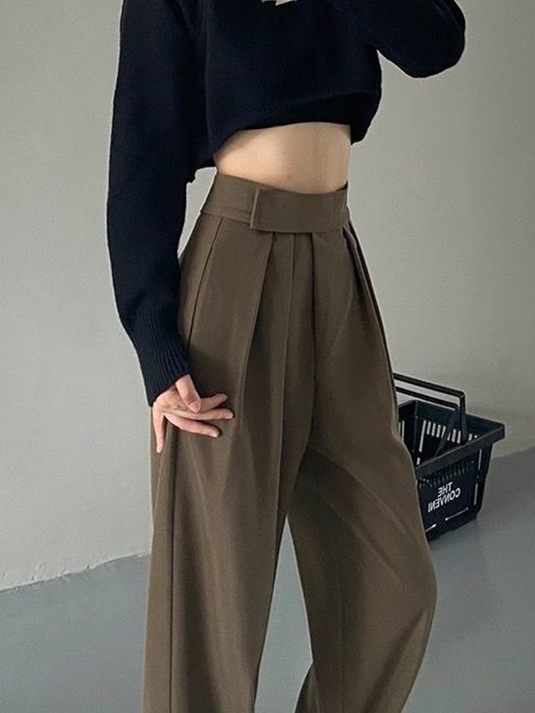 Wholesale Women Casual Elegant Vintage Solid Color High Wasit Wide Legs  Pants