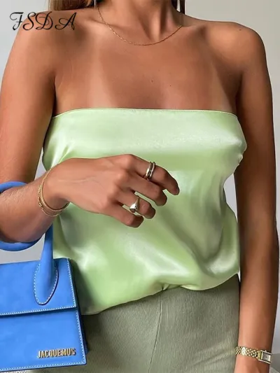 Women Satin Backless Crop Tube Top - Casual Summer Tank Top