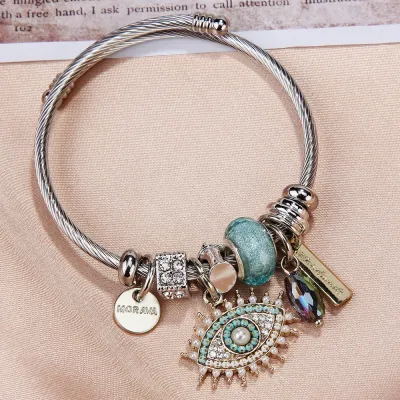 Women Exquisite Rhinestone Evil Eye Pendant Charm Bracelet Stainless Steel Trendy