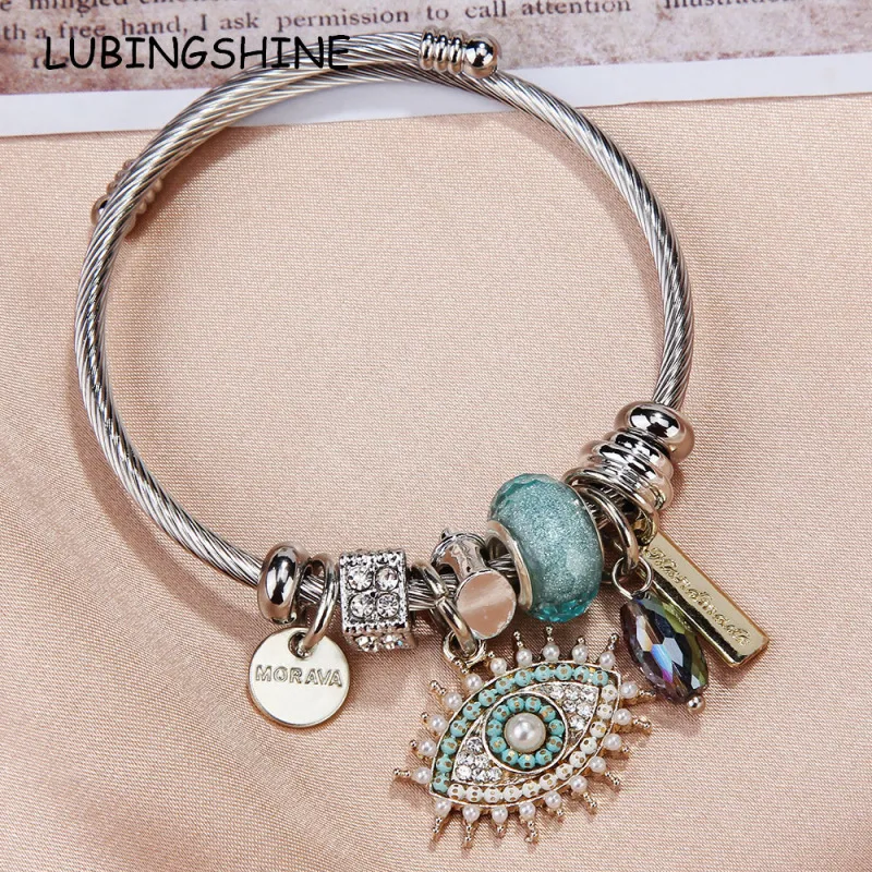 Women Exquisite Rhinestone Evil Eye Pendant Charm Bracelet Stainless Steel Trendy