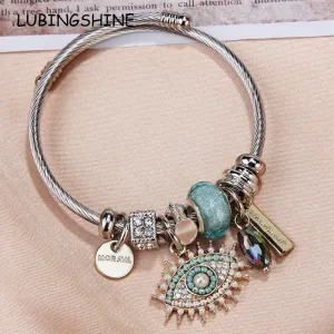 Women Exquisite Rhinestone Evil Eye Pendant Charm Bracelet Stainless Steel Trendy