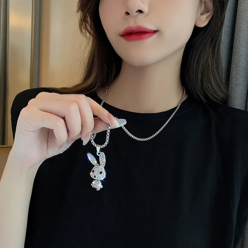 Women Cute Shiny Rhinestone Rabbit Pendant Stainless Steel Necklace