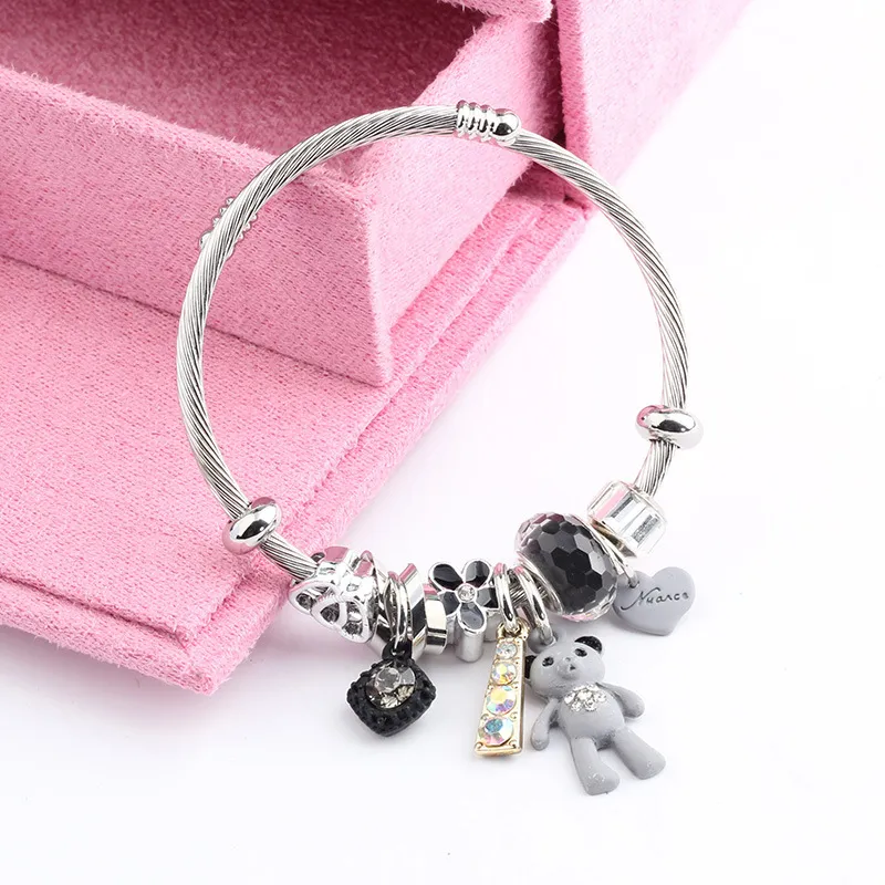 Women Cute Rhinestone Bear Pendant Stainless Steel Charm Bracelet