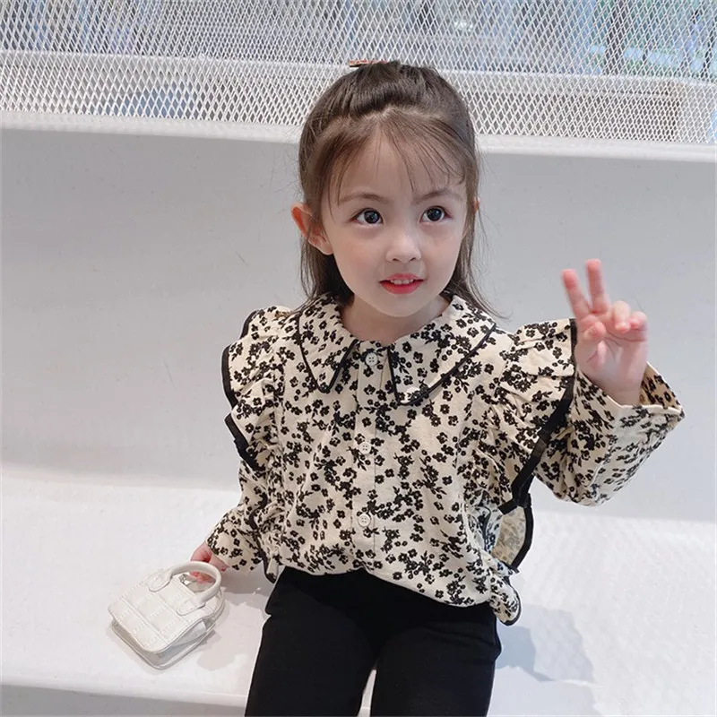 Kids Girls Sweet Floral All Over Print Lapel Long Sleeve Ruffled Cotton Blouse Spring Autumn