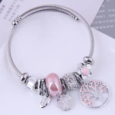 Women's Chic Rhinestone Tree Of Life Design Pendant Stainless Steel Charm Bracelet