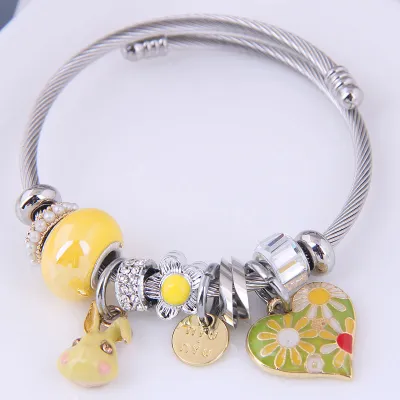 Women Cute Rabbit And Heart Pendant Stainless Steel Charm Bracelet Cartoon