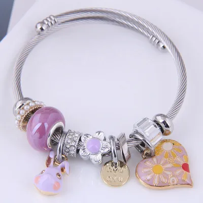 Women Cute Rabbit And Heart Pendant Stainless Steel Charm Bracelet Cartoon