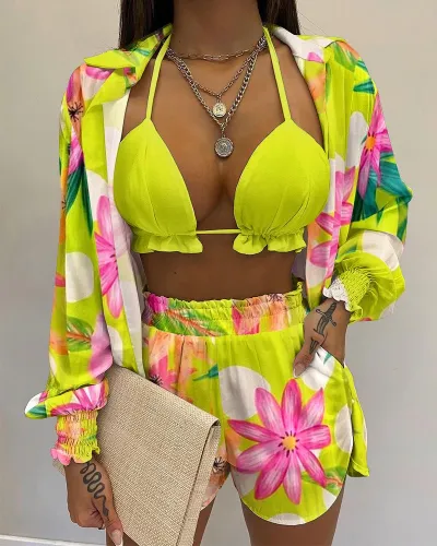 Summer Women Fashion Sexy Vacation Cardigans Shorts Three Piece Set