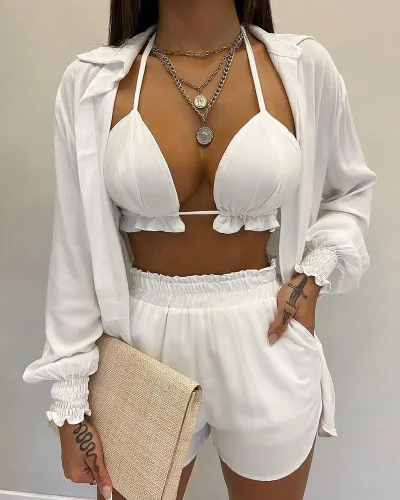 Summer Women Fashion Sexy Vacation Cardigans Shorts Three Piece Set