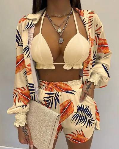 Summer Women Fashion Sexy Vacation Cardigans Shorts Three Piece Set