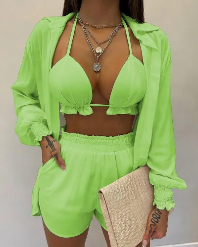 Summer Women Fashion Sexy Vacation Cardigans Shorts Three Piece Set