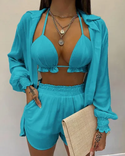 Summer Women Fashion Sexy Vacation Cardigans Shorts Three Piece Set