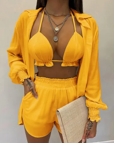 Summer Women Fashion Sexy Vacation Cardigans Shorts Three Piece Set