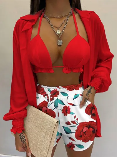 Summer Women Fashion Sexy Vacation Cardigans Shorts Three Piece Set