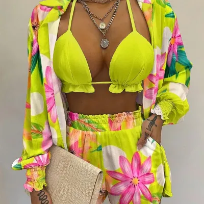 Summer Women Fashion Sexy Vacation Cardigans Shorts Three Piece Set