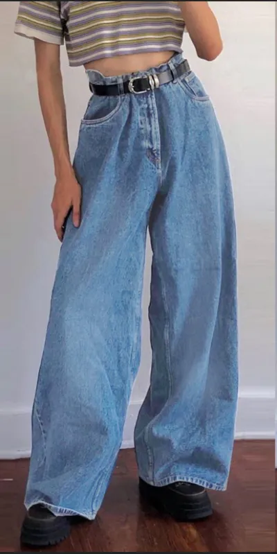 Women Vintage Edgy Fashion Loose Solid Color Wide Leg Cargo Pants Jeans