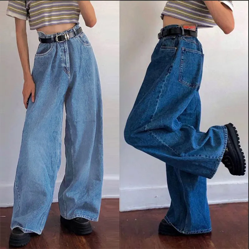 Women Vintage Edgy Fashion Loose Solid Color Wide Leg Cargo Pants Jeans