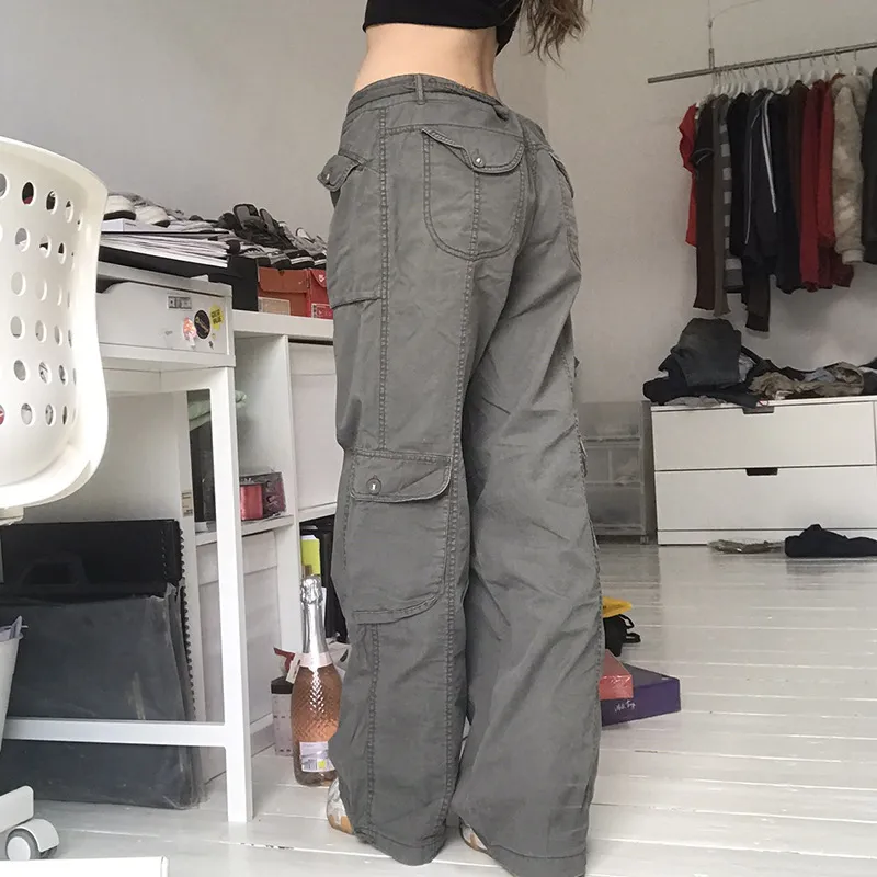 Women Vintage Cargo Pants Low Waist Loose Casual Trousers with Pockets