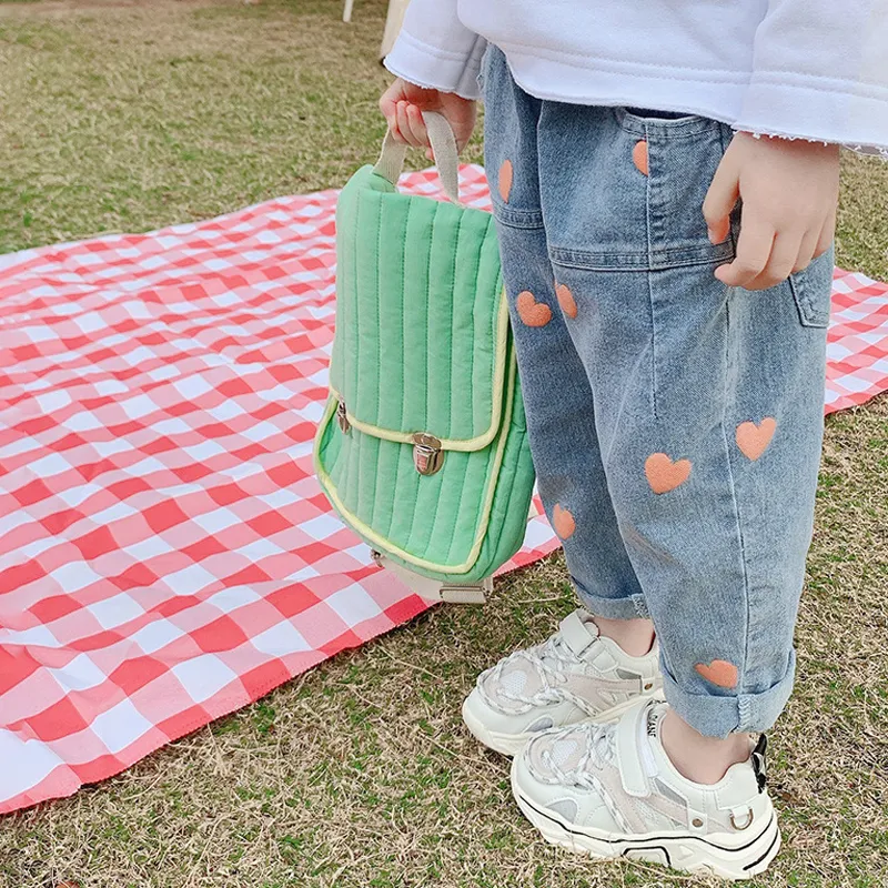 Kid's Girls Heart Print Casual Loose Pocket Elastic Denim Pants