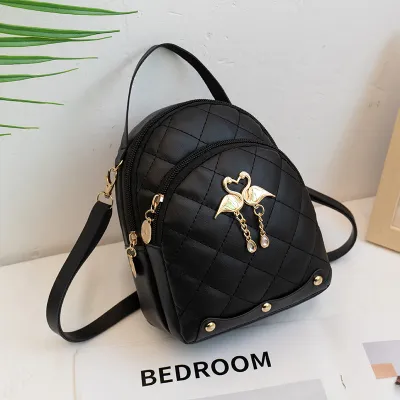 Women Vintage Swan Decoration Zipper Design Rhombus Stitching Solid Color PU Backpack