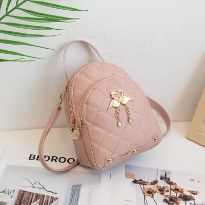 Women Vintage Swan Decoration Zipper Design Rhombus Stitching Solid Color PU Backpack