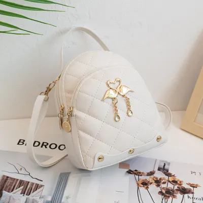 Women Vintage Swan Decoration Zipper Design Rhombus Stitching Solid Color PU Backpack