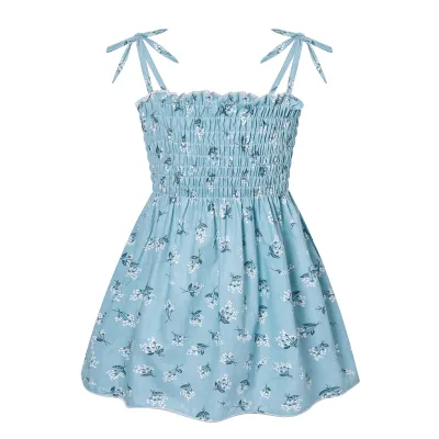 Kids Girls Basic Floral All Over Print Elastic Slip Dress Sweet Princess Style