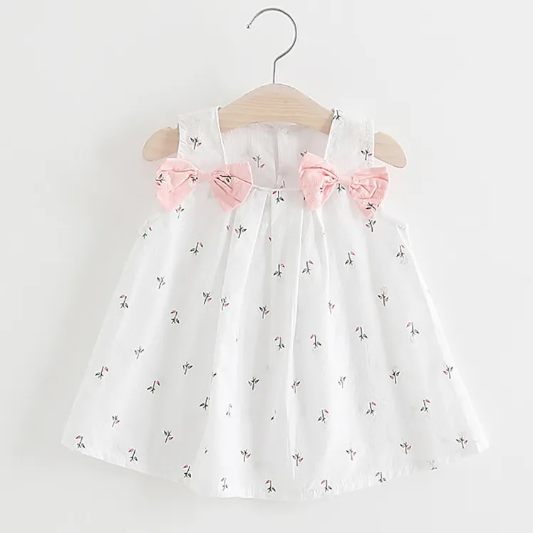 Baby Girls Cute Floral All Over Print Square Neck Bow Decor Sleeveless Dress