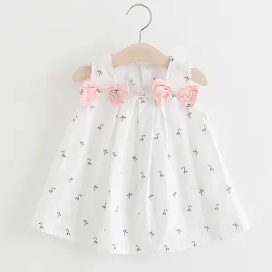 Baby Girls Cute Floral All Over Print Square Neck Bow Decor Sleeveless Dress