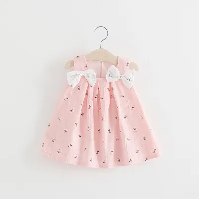 Baby Girls Cute Floral All Over Print Square Neck Bow Decor Sleeveless Dress