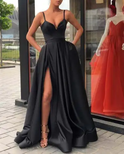Women Elegant Sleeveless Solid Color Satin Side-slit Party Dress