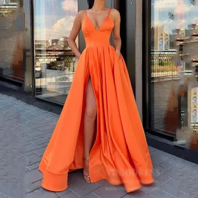 Women Elegant Sleeveless Solid Color Satin Side-slit Party Dress