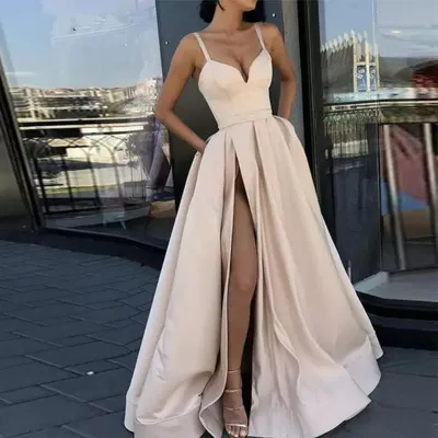 Women Elegant Sleeveless Solid Color Satin Side-slit Party Dress