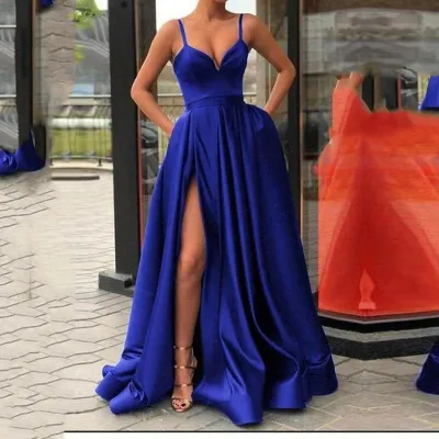 Women Elegant Sleeveless Solid Color Satin Side-slit Party Dress