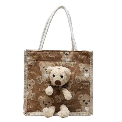 Women Cute Bear Decoration Graphic Pattern Large Capacity Linen Canvas Tote Bag
